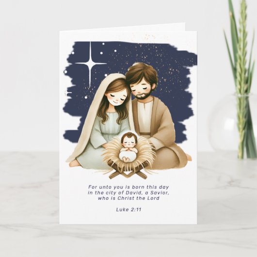 Religieuze kerstfeestscène en scripts feestdagen kaart (Voorkant)