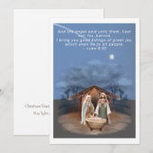 Religieuze kerstfeestscène en scripts feestdagenkaart (Voorkant / Achterkant)