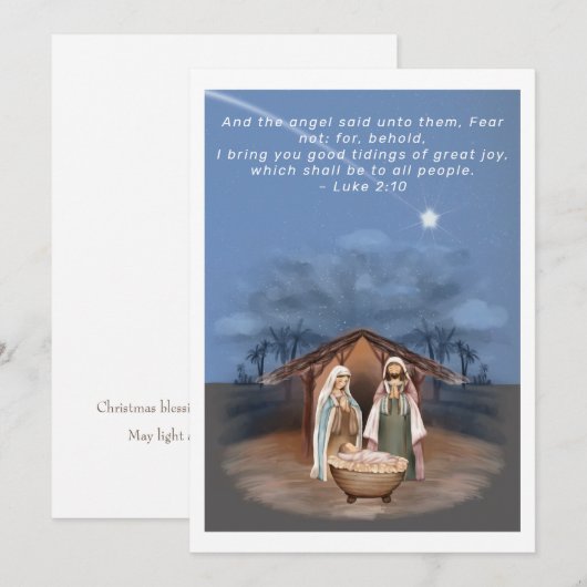 Religieuze kerstfeestscène en scripts feestdagenkaart (Voorkant / Achterkant)