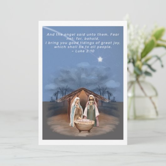 Religieuze kerstfeestscène en scripts feestdagenkaart (Staand voorkant)