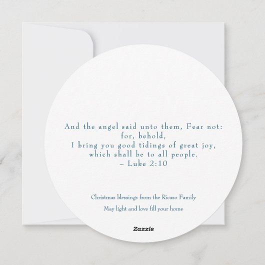 Religieuze kerstfeestscène en scripts feestdagenkaart (Achterkant)