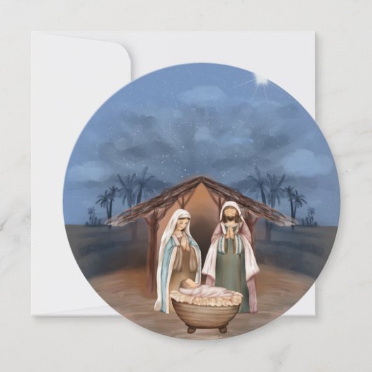 Religieuze kerstfeestscène en scripts feestdagenkaart (Voorkant)
