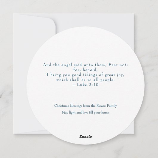 Religieuze kerstfeestscène en scripts feestdagenkaart (Achterkant)