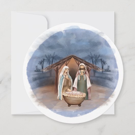 Religieuze kerstfeestscène en scripts feestdagenkaart (Voorkant)