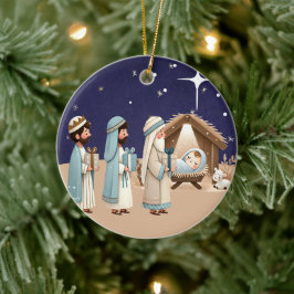 Religieuze kerstfeestscène en scripts keramisch ornament