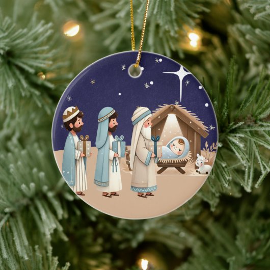 Religieuze kerstfeestscène en scripts keramisch ornament (Boom)