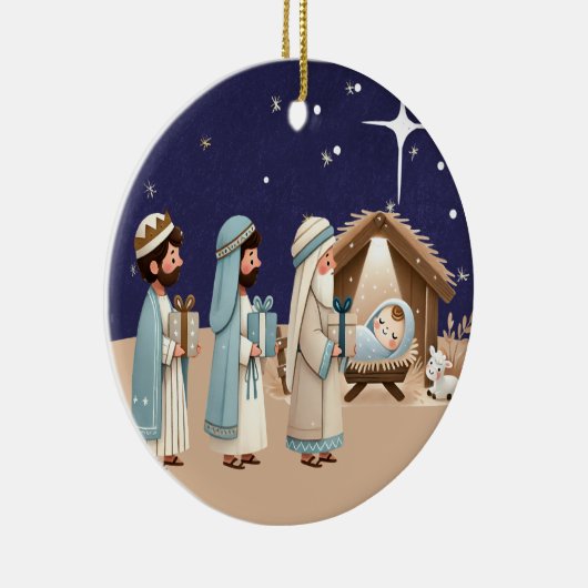 Religieuze kerstfeestscène en scripts keramisch ornament (Rechts)