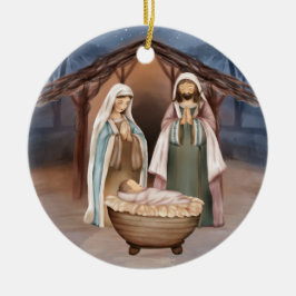 Religieuze kerstfeestscène en scripts keramisch ornament