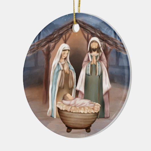 Religieuze kerstfeestscène en scripts keramisch ornament (Links)