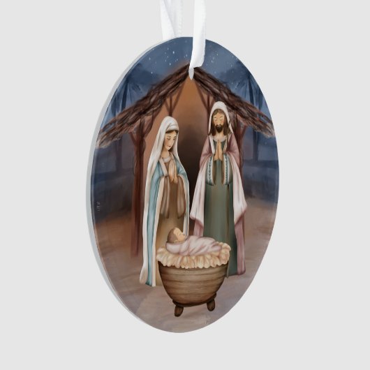 Religieuze kerstfeestscène en scripts ornament (voorkant)