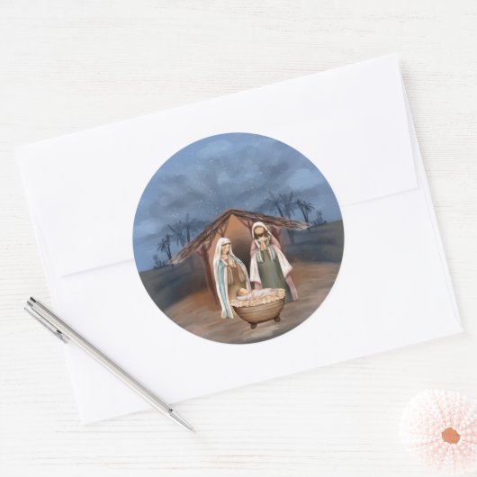 Religieuze kerstfeestscène ronde sticker (Envelop)