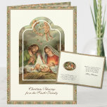 Religieuze kerstfeestsrituelen Verse Feestdagen Kaart<br><div class="desc">Met de Maagd Mary,  Sint-Joseph en BabyJesus met engelen die een prachtig vintage-beeld van de Nativiteit hebben. Binnen is het zelfde afbeelding met een vers van de Manuscript van Kerstmis. Alle tekst en lettertypen kunnen worden gewijzigd.</div>