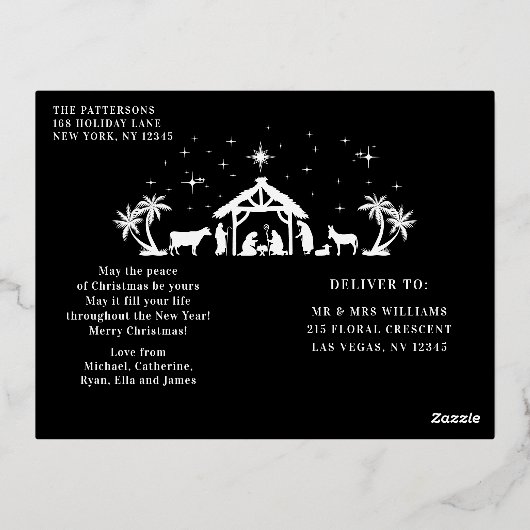 Religieuze kerstfeestvreugde Manger Folie Feestdagen Briefkaart (Achterkant)