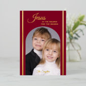 Religieuze kerstfoto Jezus Bourgondië Goud Folie Uitnodiging (Staand Voorkant)
