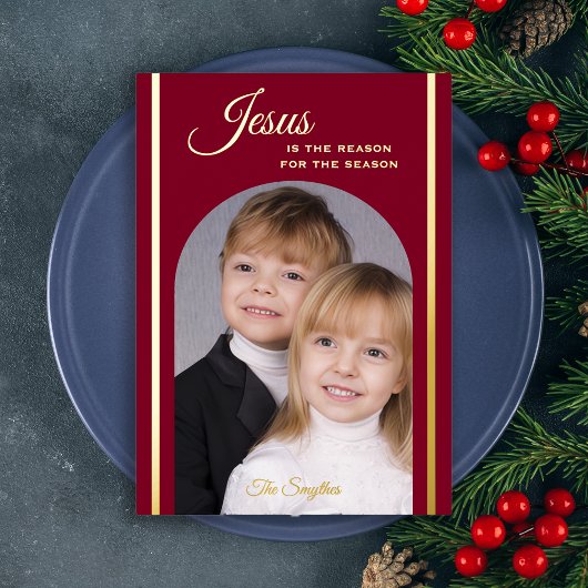 Religieuze kerstfoto Jezus Bourgondië Goud Folie Uitnodiging