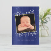 Religieuze kerstfotokaart in Navy Blue & Gold Feestdagenkaart (Staand voorkant)