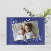 Religieuze kerstfotokaart, Navy Blue Gold Feestdagenkaart (Staand voorkant)