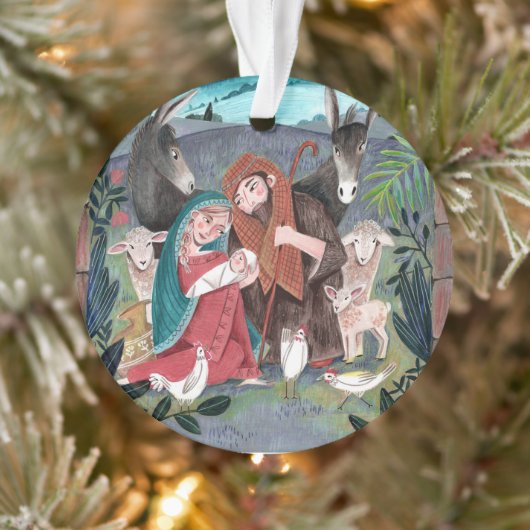 Religieuze kerstillustratie met een korte nativite ornament (Boom)