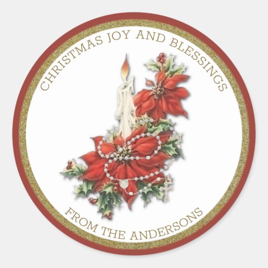 Religieuze kerstkaars met Poinsettias Rosary Ronde Sticker (Voorkant)