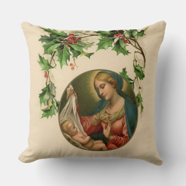 Religieuze kerstmaagd Mary Baby Jesus Floral Kussen (Voorkant)