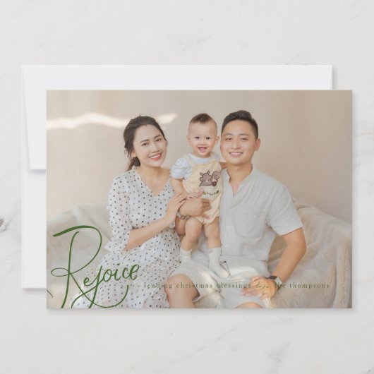 Religieuze Kerstmis Fotokaart Groen Verheug Feestdagenkaart (Voorkant)