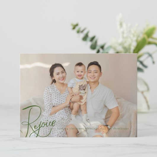 Religieuze Kerstmis Fotokaart Groen Verheug Feestdagenkaart (Staand voorkant)