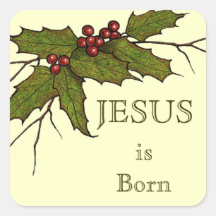 Religieuze Kerstmis, Jezus, Holly, Originele Kunst Vierkante Sticker