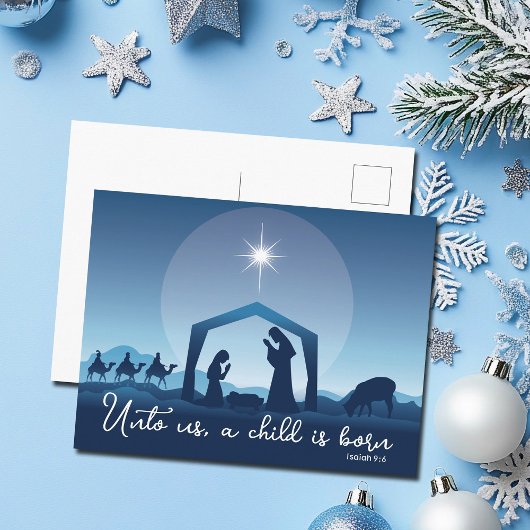 Religieuze Kerstmisscène Blauw Feestdagenkaart