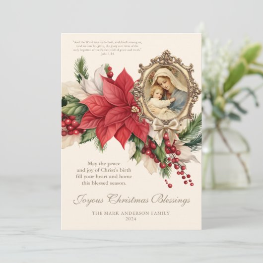 Religieuze Kerstpoinsettia Maria en Jezus (Staand voorkant)