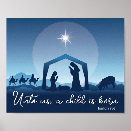 Religieuze kerststal blauw christelijk poster (Voorkant)