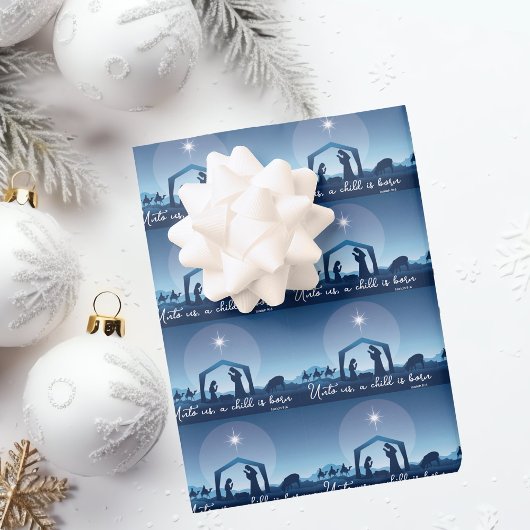 Religieuze Kerststal Blauw Inpakpapier Vel