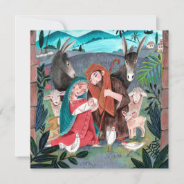 Religieuze kerststal blauw, rood Maria & Jozef Feestdagenkaart