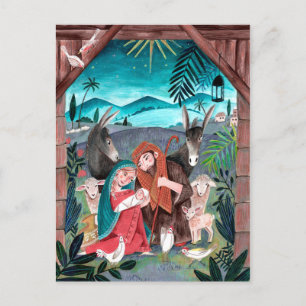 Religieuze kerststal blauw, rood Maria & Jozef Feestdagenkaart