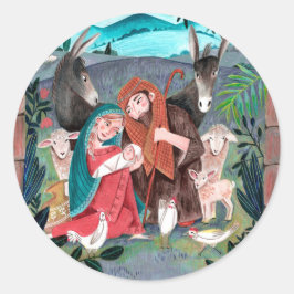 Religieuze kerststal blauw, rood Maria & Jozef Ronde Sticker