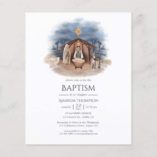 Religieuze kerststal doop uitnodiging flyer (Voorkant)