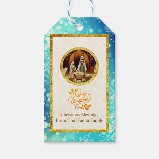 Religieuze Kerststal en Prettig Kerstfeest Cadeaulabel (Voorkant)