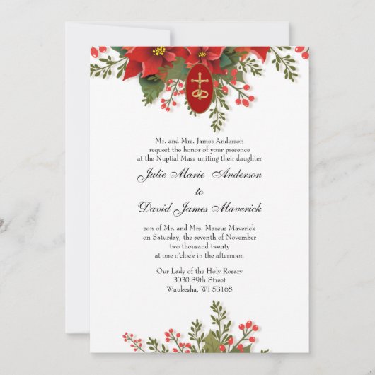 Religieuze kerstweddenschap met rood Poinsettia Kaart (Voorkant)