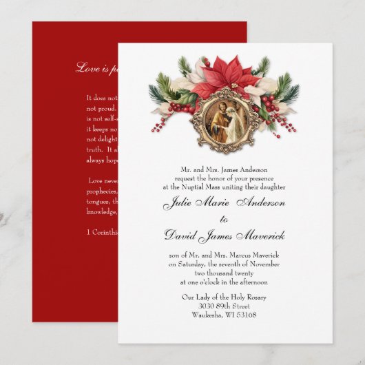 Religieuze kerstweddenschap met rood Poinsettia Kaart (Voorkant / Achterkant)