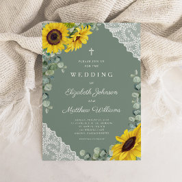 Religieuze kruising Green Lace Sunflower Wedding Kaart