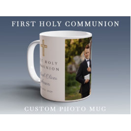 Religieuze kruisjongen eerste communiqué foto koffiemok