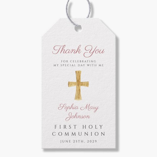 Religieuze kruisroze eerste communie cadeaulabel