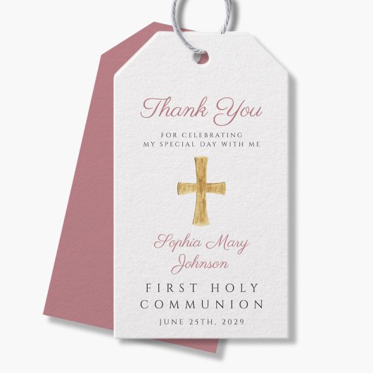 Religieuze kruisroze eerste communie cadeaulabel