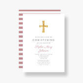 Religieuze kruisroze strippes Girl Christening Kaart