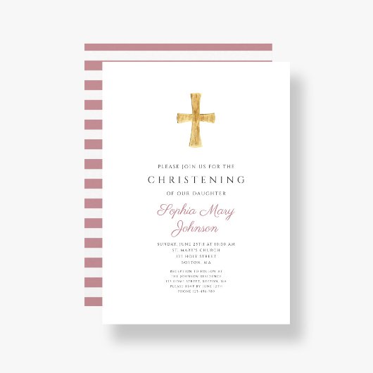 Religieuze kruisroze strippes Girl Christening Kaart