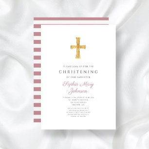 Religieuze kruisroze strippes Girl Christening Kaart