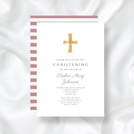 Religieuze kruisroze strippes Girl Christening Kaart