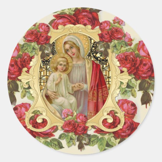 Religieuze legante maagd Mary Jesus Red Roses Ronde Sticker (Voorkant)