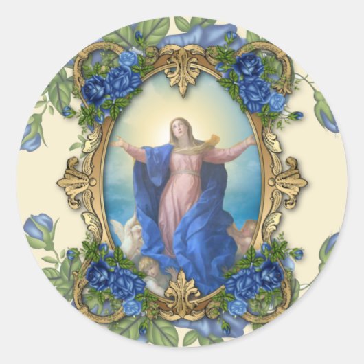 Religieuze legante Mary Blue Flowers  Ronde Sticker (Voorkant)