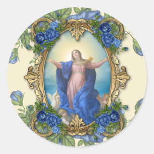 Religieuze legante Mary Blue Flowers  Ronde Sticker