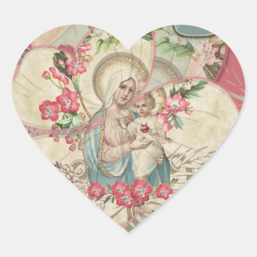 Religieuze Maagd Maria Baby Jezus Bloemenbloemblaa Hart Sticker (Voorkant)
